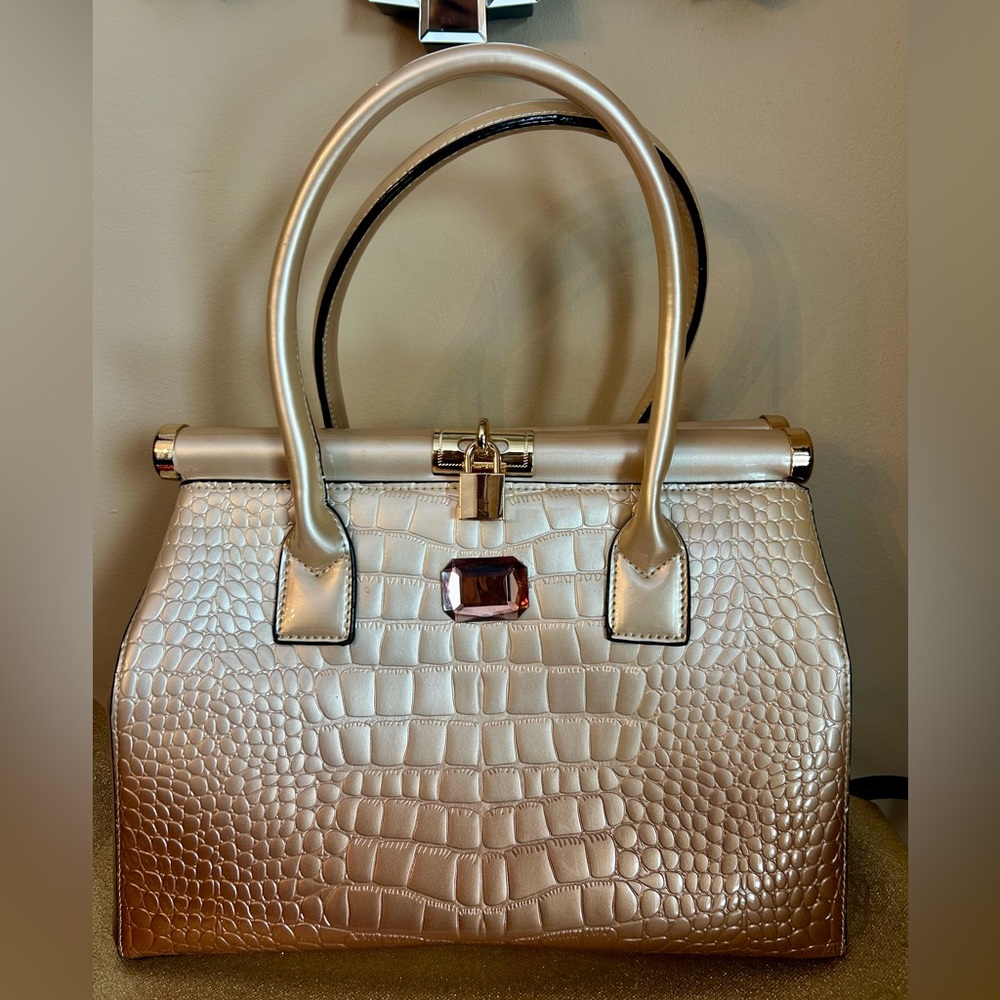 Pearlescent Faux Crocodile-Embossed Satchel